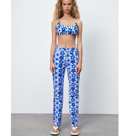 Zara Blue Floral Printed Straight Leg Jeans NWT - Picture 4 of 13